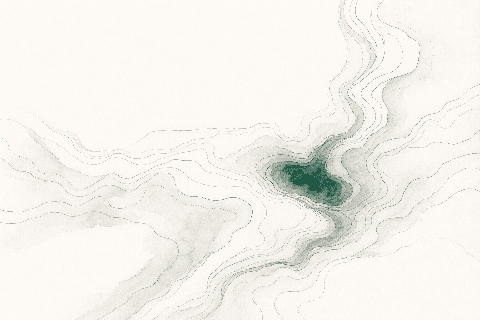 Watercolor contour field converging on one green finding