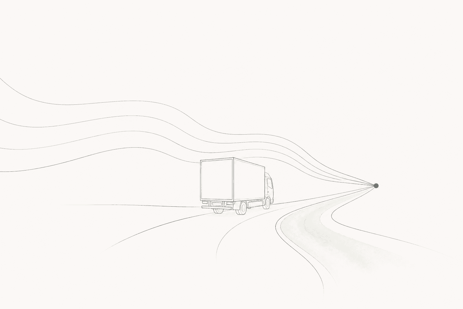 Minimal watercolor illustration of a commercial truck and converging route lines