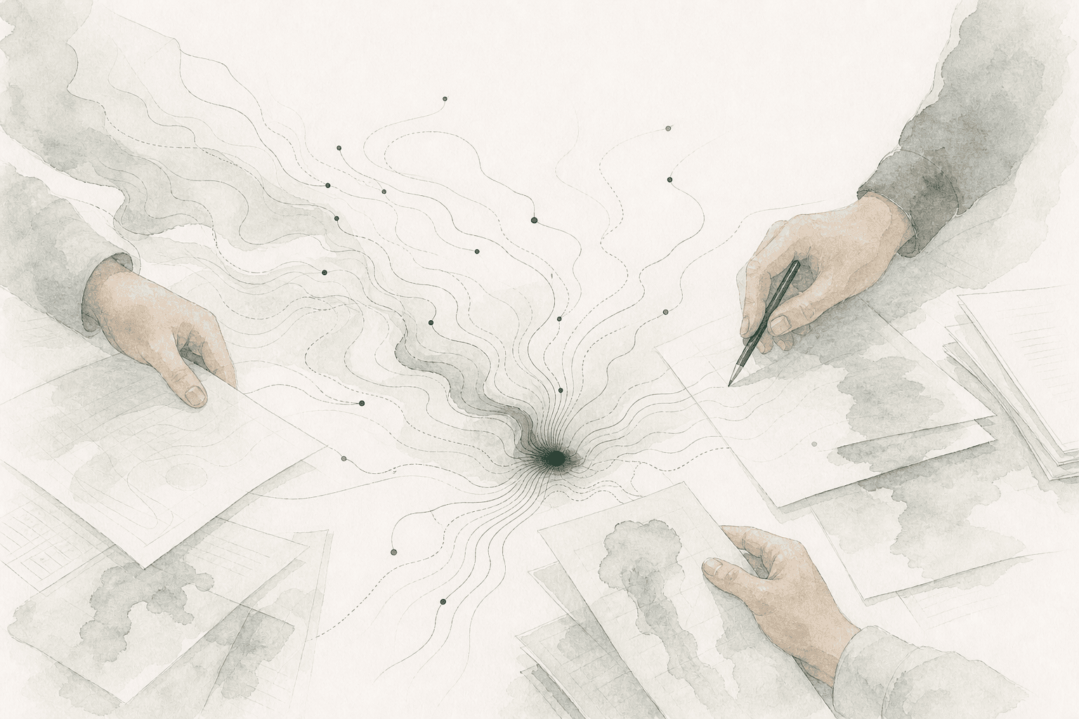 Watercolor illustration of claims practitioners aligning evidence at a shared workbench